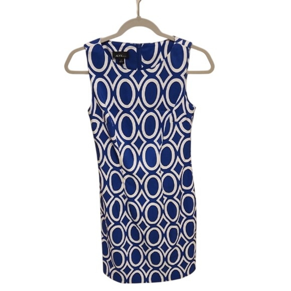 ALYX Sheath Dress 2 Blue + White Geometric Mod 60s Style Office Chic